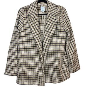 Joie Classic Plaid Check Wool Blend Blazer Jacket Cream Tan Black M